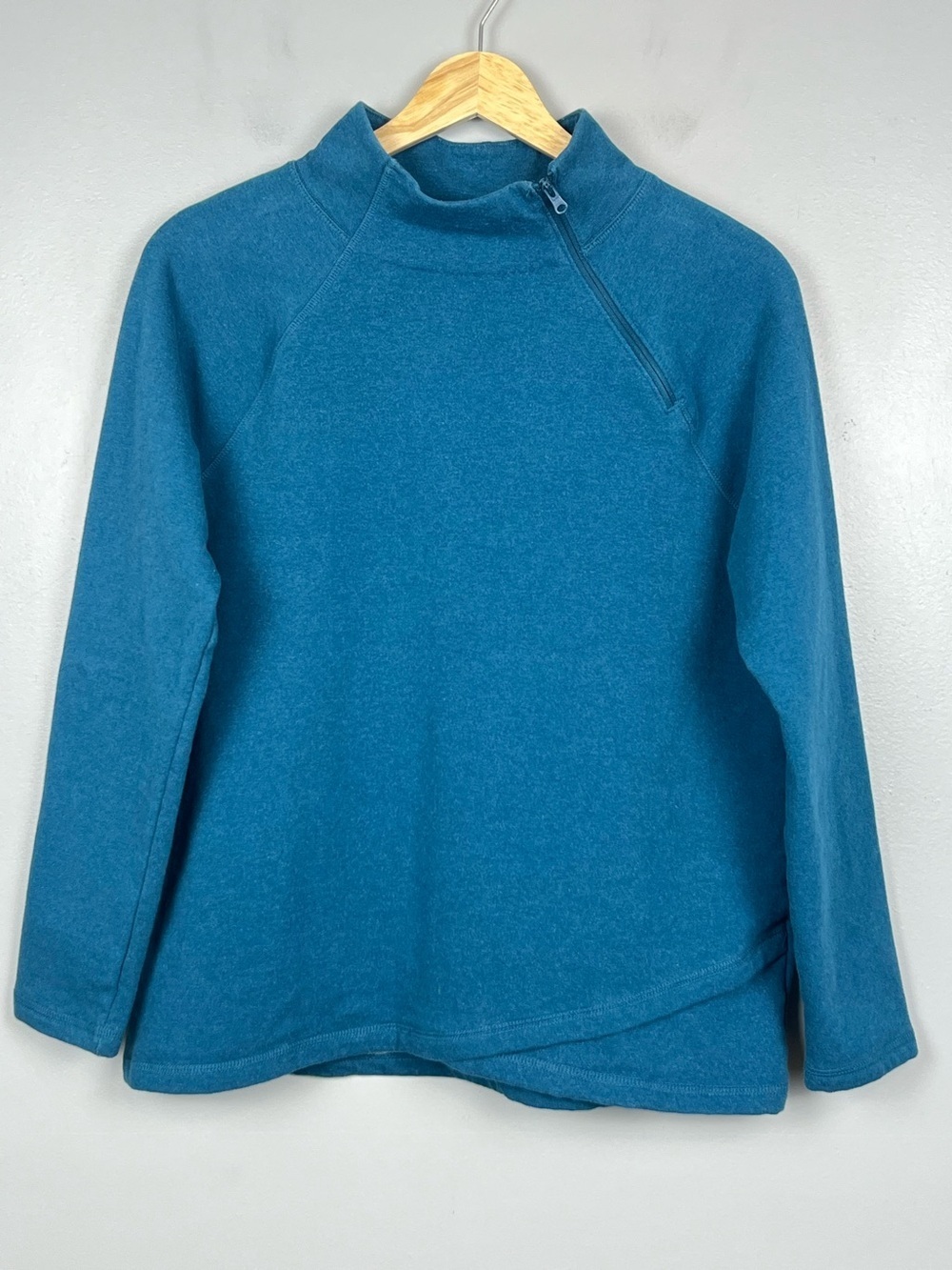 T by Talbots teal cotton blend asymmetric zip high neck sweatshirt, MP.